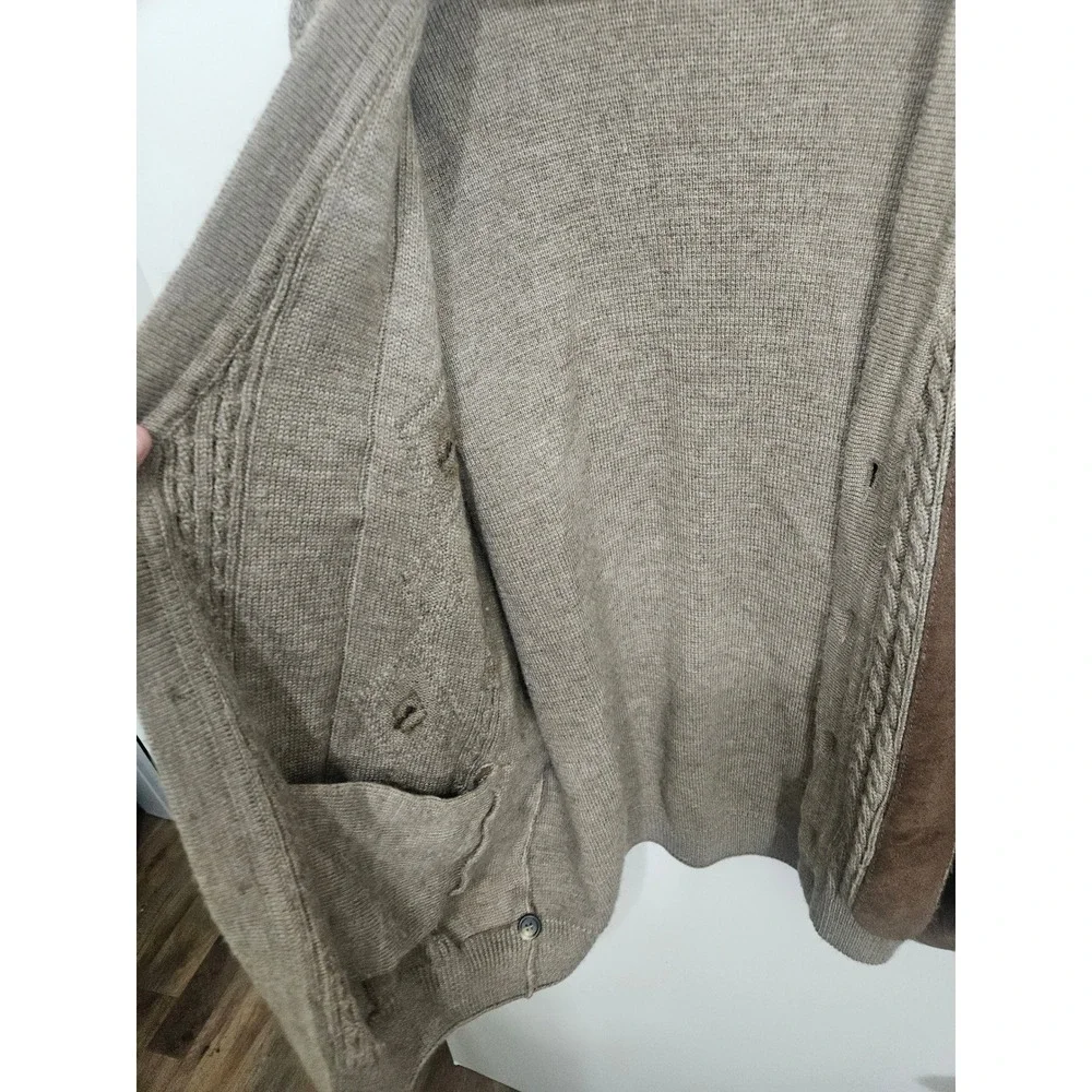 Norm Thompson Made in Italy Vintage Suede Panel Cable Knit Cardigan Sweater Tan‎